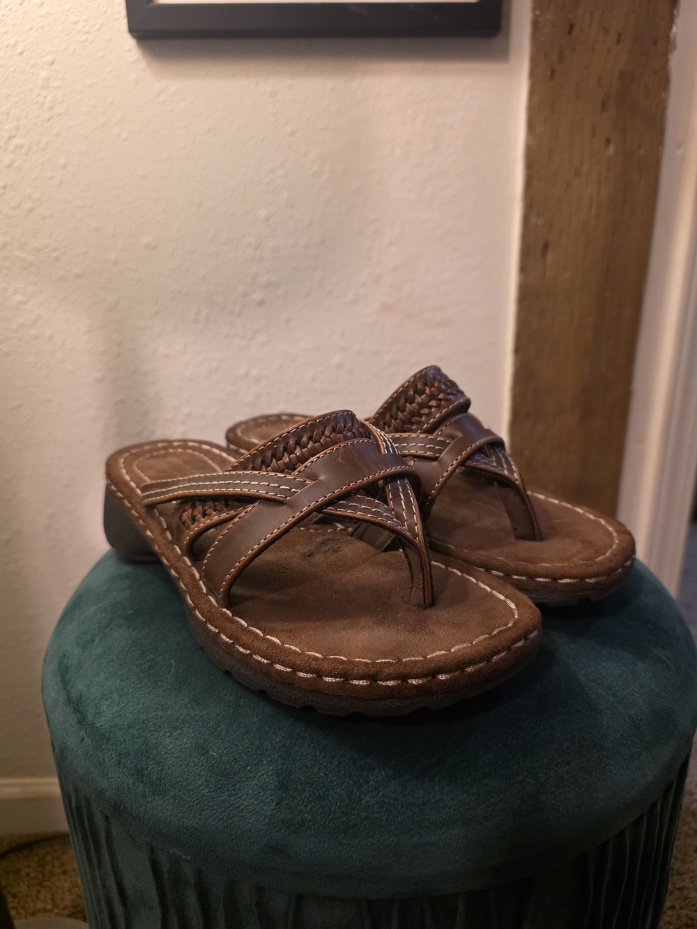 comfort plus by Predictions Brown Woven Leather Toe-Post Sandals